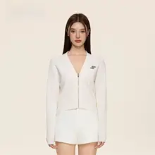 白色Vネックジップ刺繍ニットカーディガン【春用・ラフスタイル・ユニークデザイン】