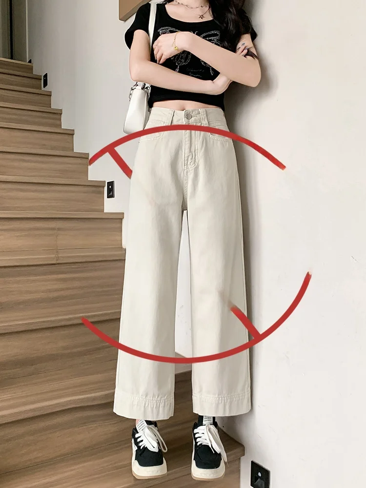 夏用の薄手ハイウエストワイドレッグデニムパンツ【ベージュ・ゆったりシルエット・八分丈】（セットアップ対応）