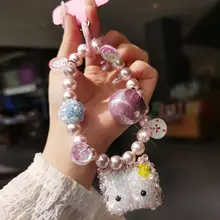 猫デザインの水晶パールスマホストラップ【短め・旅行用・防失落】