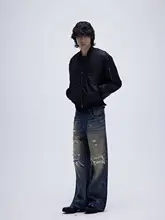 ウォッシュド・泥染め加工のデニムパンツ【破れ補修・アシンメトリーデザイン・ワイドストレート】（セットアップ対応）