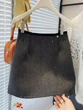 グレーのスパンコール付きウールミディスカート【ハイウエスト・Aライン・秋冬用】