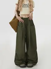 カーゴパンツ レディース ワイドパンツ カジュアル ドローストリング ミリタリーグリーン ゆったり