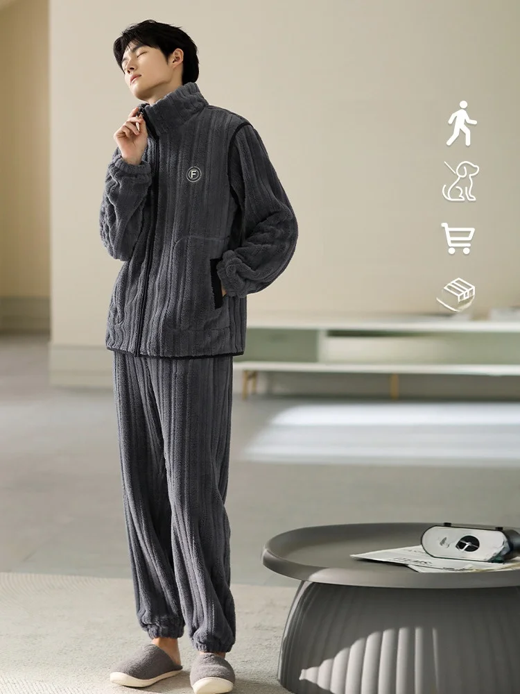冬用男性パジャマ MiiOW フランネル長袖ロングパンツ：厚手で保温性に優れた睡眠ウェアの実用性