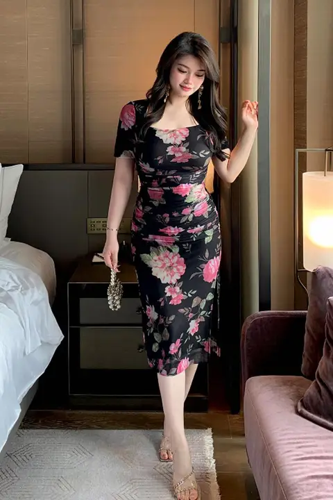 薔薇柄のレトロフラワー刺繍セクシーなフィット&フレアワンピース【フレンチスタイル・スクエアネック】