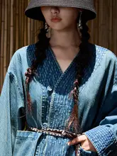 民族風キルティングデザイン！デニムジャケットとハイウエストロールアップパンツ（セットアップ対応）