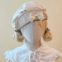 手作りリボン付きレースブリムベレー帽【春夏秋冬・浅い米色】