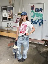 ヴィンテージ風ウォッシュ加工ストレートデニムパンツ【ユニセックス・ダメージデザイン・カジュアル】

