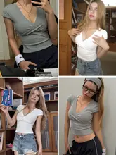 Audwyn Vネック短袖女性用Tシャツ【夏用・クロスデザイン・伸縮性・無地】