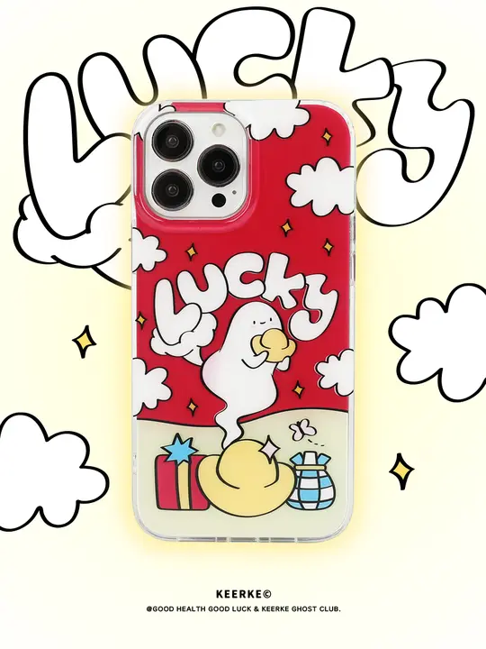 可愛い幽霊デザインのiPhoneケース【レッド・カートゥーンイラスト・iPhone 13/14 Pro Max対応】