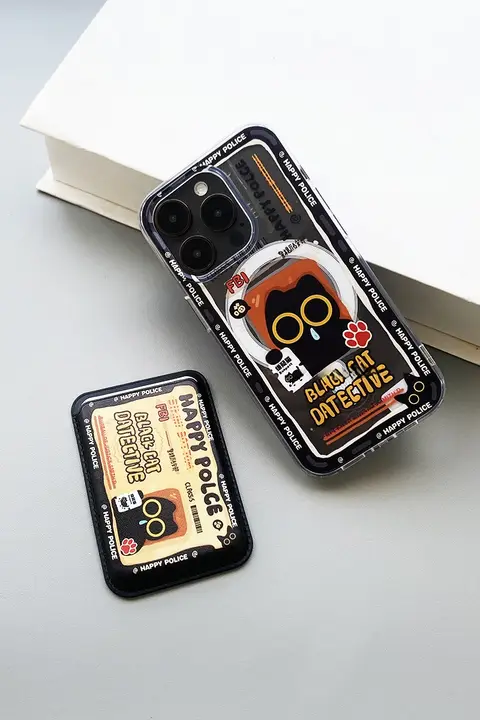 カードケース スマホ用 マグネット式 コンパクト 黒猫柄 通勤 定期入れ ID「HiYOUNG」
