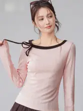 春季デザイン！ピンクのリボン付き長袖Tシャツ【韓国風・重ね着用】