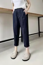 夏用デニム風薄手カジュアルパンツ【高腰・ゴムウエスト・シルエット調整・九分丈】