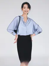 OHCRUSHY シルクサテン春用 レディースシャツ【Vネック・長袖・通勤向け・ゆったりフィット】