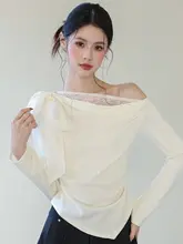 フレンチスタイルのリボン付きレース切替長袖Tシャツ【不規則デザイン・春用】