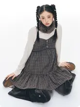 キャミワンピース レディース チェック柄 フリル ギャザー ボタン レイヤード ガーリー 春物「NAPSNAPS」