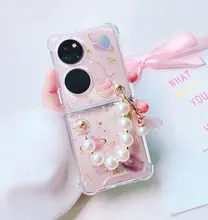 防摔透明スマートフォンケース【Huawei Pocket 2対応・女性向け・長背パーツ付き・斜め掛け・折りたたみ式】