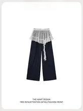 レースパッチワークのデザインブルーポイントパンツ【フィット・ゆったりストレート・秋用】（セットアップ対応）