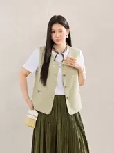 レディース 大きいサイズ ヴィンテージ風 Vネックベスト 刺繍Tシャツ ハイウエストしわ加工スカート 夏季（セットアップ対応）