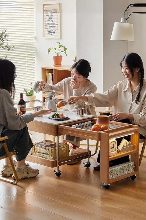 チェリーウッド製 移動可能な茶卓【伸縮式・実木・焚き火用テーブル】