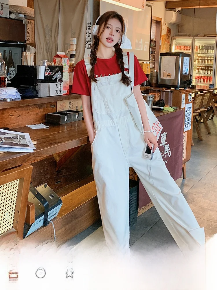 白色のオーバーオールデニムパンツ【薄手・ゆったりとしたデザイン・日系スタイル・ワイドレッグ】（セットアップ対応）
