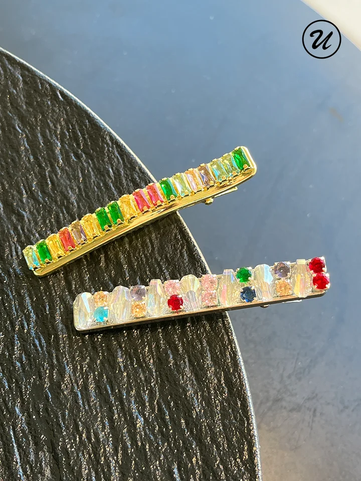 カラフルな水晶のヘアクリップ【秋冬用・重工デザイン・デュックビル】