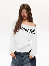 Tシャツ レディース 長袖 英字プリント バイカラー ワンショルダー アメリカン風 カジュアル クール 秋