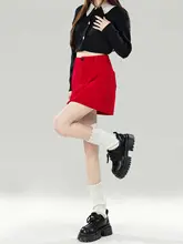 赤のコーデュロイハイウエストミニスカート【Aライン・春用・防止デザイン】（セットアップ対応）