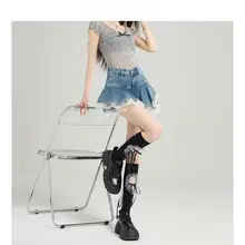 ヴィンテージ風 デニムスカート【ブルー・レースデザイン・フレアシルエット】（セットアップ対応）