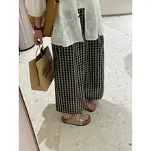感漂うチェック柄ルーズワイドパンツ【夏用・薄手・麻素材・九分丈】