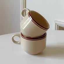 レトロな茶色のラインデザイン陶製カフェカップ【アメリカンスタイル・家庭用・午後のティータイムに最適】