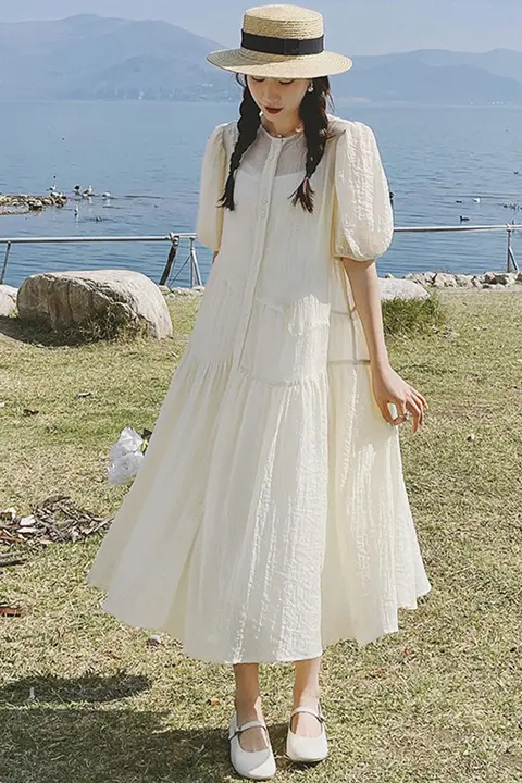 パフスリーブ ワンピース 女性 夏 ミルクホワイト ゆったり フォレストスタイル