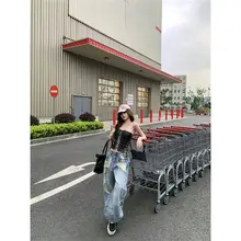 ウォッシュ加工の破れデザイン広幅デニムパンツ【高腰・レトロスタイル・秋用】