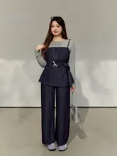 秋季用ニット風トップスとウエストリボン付きルーズパンツ【大きいサイズ・女性用】（セットアップ対応）
