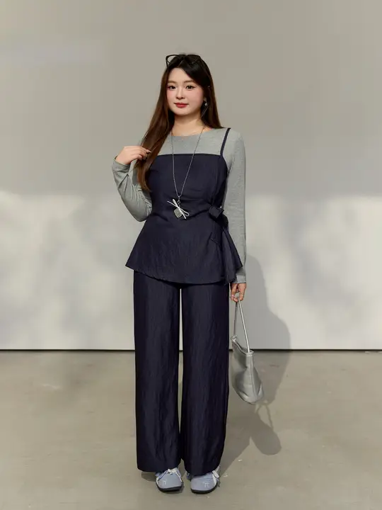 秋季用ニット風トップスとウエストリボン付きルーズパンツ【大きいサイズ・女性用】（セットアップ対応）