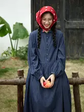 純棉の翻領デニムワンピース【レトロ風・春用・中丈・ブルー】