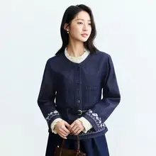 刺繍デザインのデニムジャケット【ウエストベルト付き・春用・フレンチスタイル】