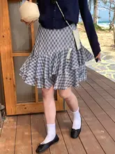グリーンチェック柄の不規則デザイン ミニスカート【Aライン・春夏用】（セットアップ対応）
