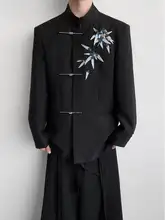 中式刺繍の竹葉デザインジャケット【金箔仕上げ・スタンドカラー・金属ボタン】