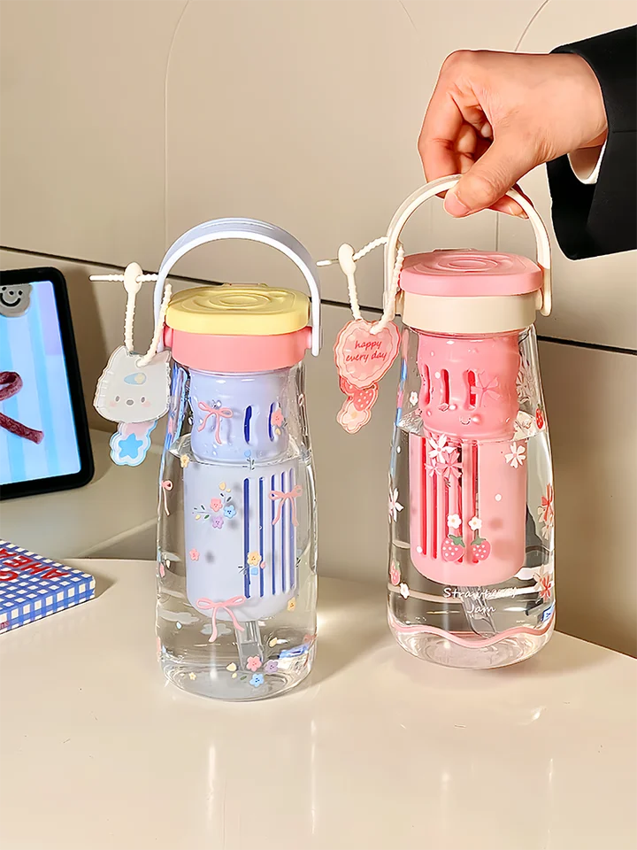 可愛いデザインの食品グレード高硼珪酸ガラス製タンブラー【ストロー付き・持ち運び便利・茶水分離型】