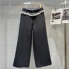 トレンドのチェック柄フリンジウエストデザインの個性的なワイドレッグカジュアルパンツ（セットアップ対応）