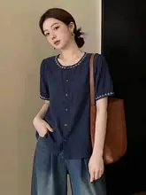 ゆったりとした民族風刺繍入り半袖シャツ【コットンリネン・ドレープ・ラウンドネック】