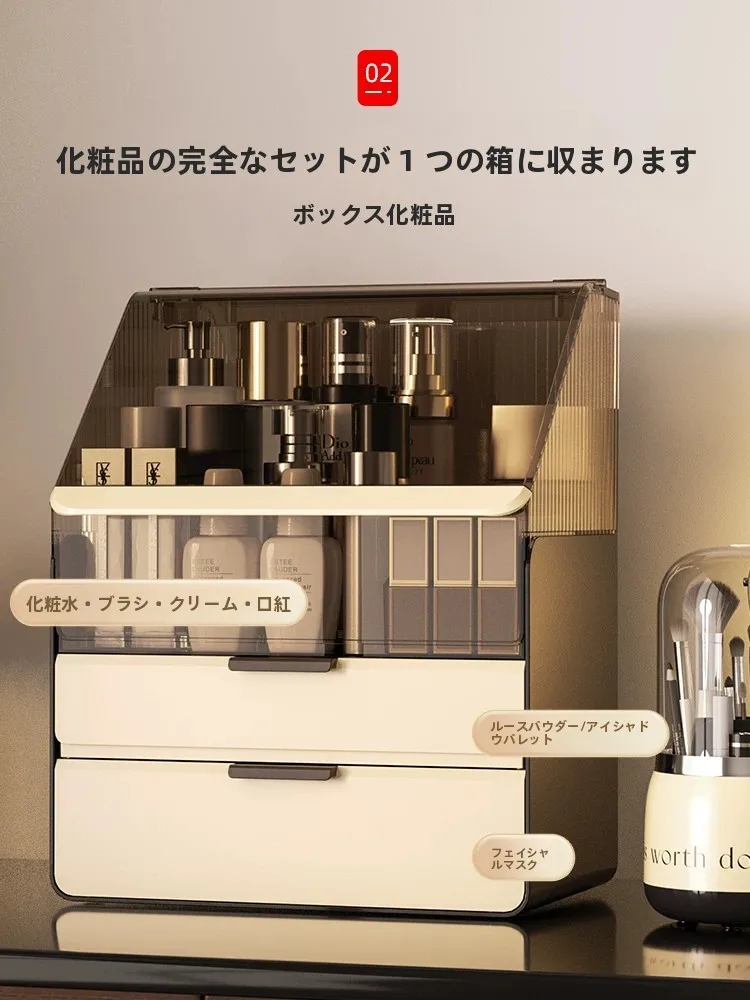 高級感アクリル化粧品収納ボックス：防塵・大容量・3格設計のデスクトップ収納解決策