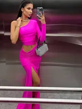 一肩デザインのロングドレス【セクシー・レースアップ・高スリット・皺加工】