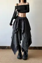 チェック柄不規則パネルの中長半身スカート【ハイウエスト・フリンジ仕上げ・ヴィンテージ風・Aライン】（セットアップ対応）