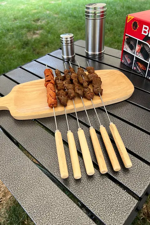 木製ハンドルの304食品級ステンレス焼き串【防熱設計・屋外バーベキュー用】