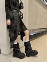 中筒ブーツ【レディース・厚底・黒・ラウンドトゥ・ビンテージライダー風】