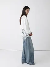 高ウエストデザインのワイドレッグデニムパンツ【カジュアル・ストレートスタイル】