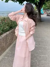 ピンクのUVカットリネンシャツとロングスカートのコーディネート【夏用・感・絶美デザイン】（セットアップ対応）