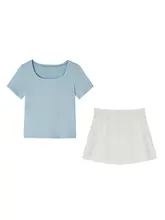 2点セット レディース スクエアネック 半袖Tシャツ クロップド ミニスカート ハイウエスト 白 甘辛MIX