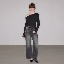ヴィンテージ風 立体感のある猫ひげデザイン 水洗いデニムパンツ【女性用・ストレート・秋冬用】
